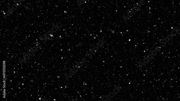 Obraz Flocons de neige réalistes tombant - Calque avec fond noir à superposer / Overlay | Falling realistic natural snowflakes from top to bottom, calm snow for digital composition	
