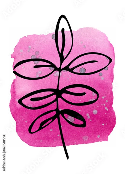Fototapeta Watercolor pink background and black contour twigs. Hand-drawn, background and twig are isolated from each other, can be moved to your liking.