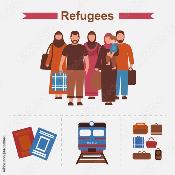Obraz Emigration icons set with refugees, train, passports. Group of refugees, migration crisis. Migrants on the ship and on the train. War migration waves going to Europe. World Refugee day concept.