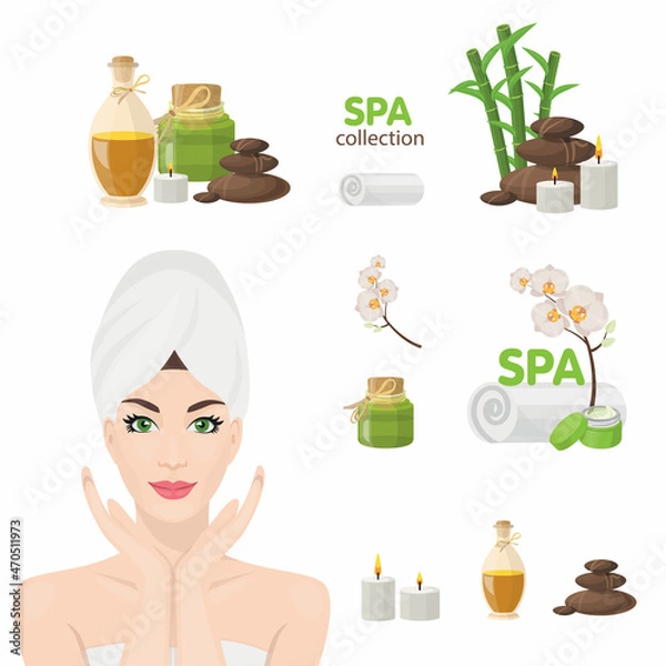 Fototapeta 
Spa icons with woman with towel, spa stones, bamboo branches, candles and bottles of oil. Vector illustration for Spa isolated on white background.