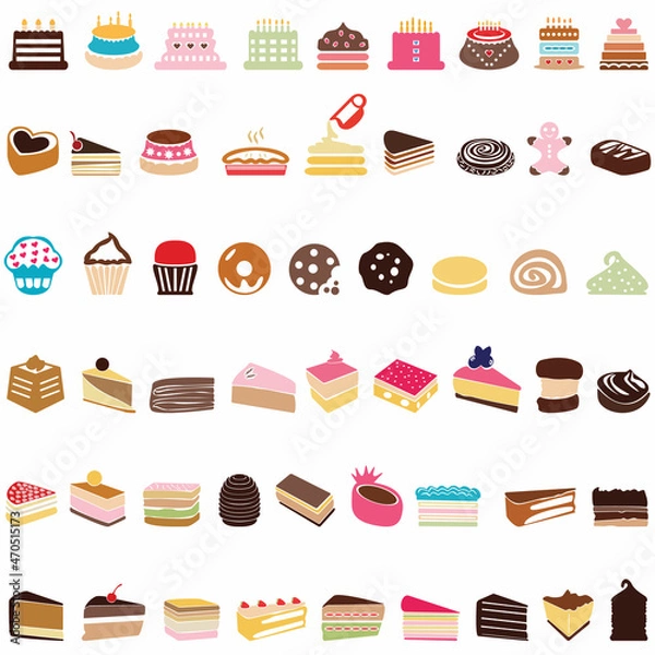 Fototapeta Cake birthday icon set on a white background Colorful delicious desserts, birthday cake with chocolate and vanilla cream, with berries