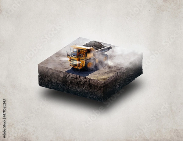 Fototapeta 3d illustration of a soil slice, Tipper truck on Sand quarry isolated on white background