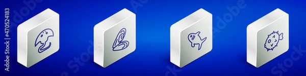 Fototapeta Set Isometric line Stingray, Mussel, Shark and Fish hedgehog icon. Vector