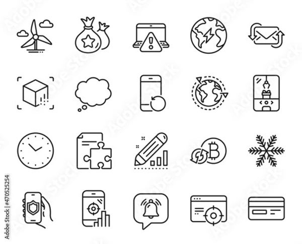 Obraz Vector set of Security app, Crane claw machine and Notification bubble line icons set. Credit card, Online warning and Outsourcing icons. Seo phone, Loyalty points and Electricity signs. Vector