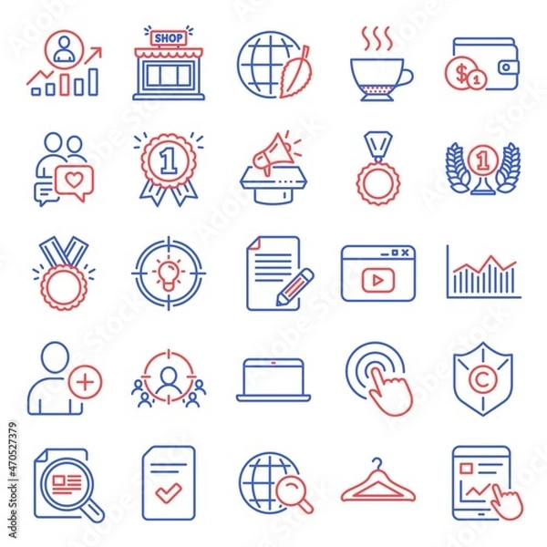 Fototapeta Line icons set. Included icon as Internet search, Business targeting, Add user signs. Shop, Career ladder, Laureate award symbols. Honor, Dating chat, Copyright protection. Internet report. Vector
