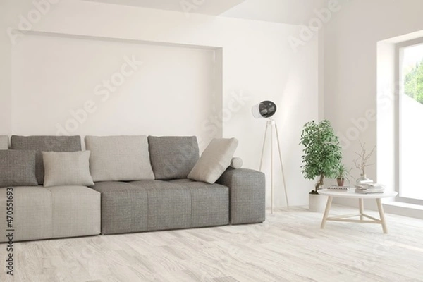 Obraz White living room with sofa. Scandinavian interior design. 3D illustration