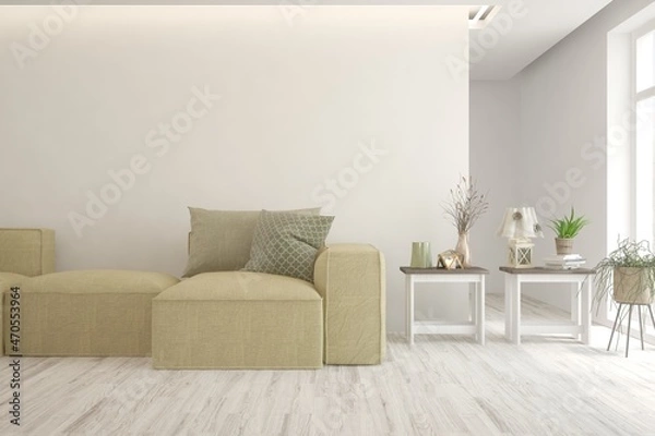 Fototapeta Soft color living room with sofa. Scandinavian interior design. 3D illustration