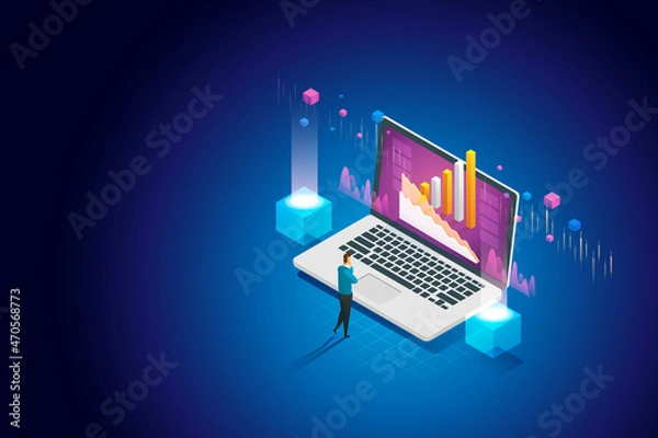 Fototapeta Businessman using laptop data analysis infographic.