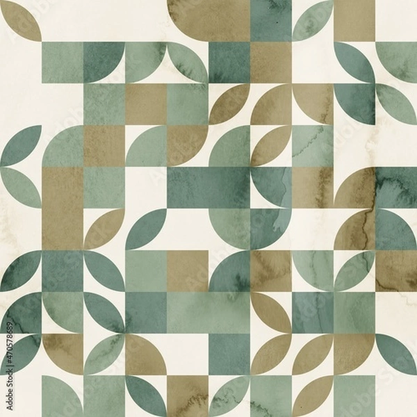 Fototapeta Seamless mid century retro watercolor geometric surface pattern design for print. High quality illustration. Aesthetic watercolor paint contemporary pastel collage composition. Subtle elegant design.