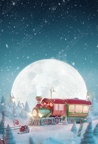 Obraz Cute funny fairy Santa's Christmas train in a magical forest