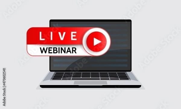 Obraz Live webinar, lecture play online button. Laptop notebook computer screen. Vector illustration. design element