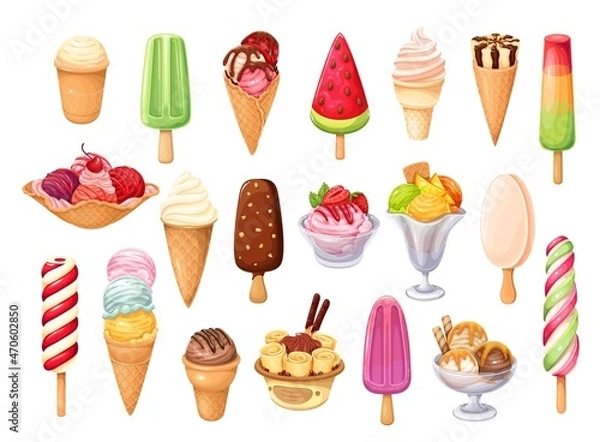 Fototapeta Ice cream icons of wafer cone balls y with whipped cream, twisted fruit ice cream on stick, popsicle on stick in chocolate glaze, Thai ice cream roll with waffle and ets. Cartoon vector illustration.