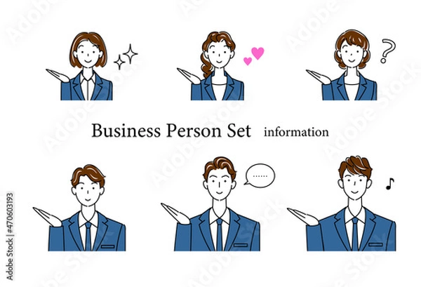 Fototapeta 笑顔で受付案内をしているビジネススーツ姿の可愛い男性と女性のアバターアイコンセット イラスト ベクター