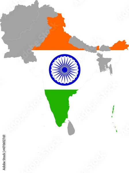 Obraz Map of India with national flag inside the gray map of South region of Asia