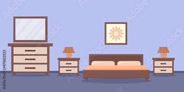Fototapeta Bedroom with furniture. Interior design. Vector illustration.