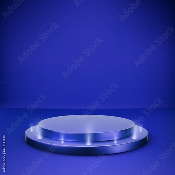 Fototapeta Blue round podium on dark background. Platform illuminated by spotlights. Empty pedestal for award ceremony