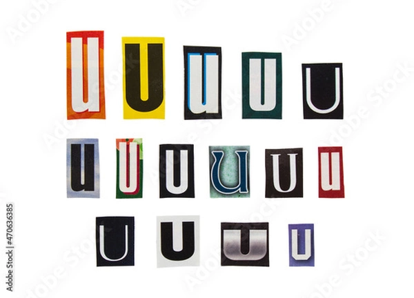 Fototapeta Alphabet letter U cutting from magazine paper. Newspaper clippings with letter U isolated on white background. Anonymous text concept.