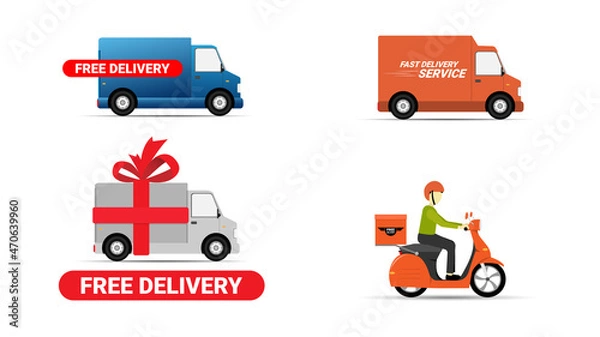 Fototapeta set of fast and free delivery service with truck and scooter vector illustration isolated on white background