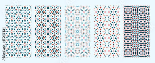Fototapeta Set of nordic floral seamless pattern with geometric flower elements