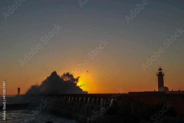 Obraz sunset waves lighthouse breakwater