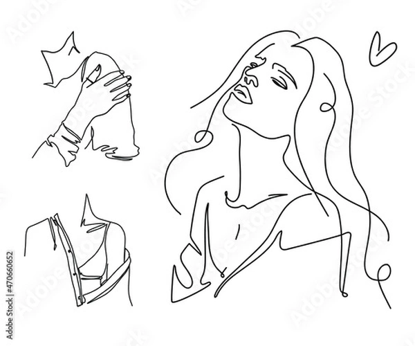 Obraz Silhouettes of a women in a shirt with an open shoulder. Pretty and sexy young girl. Abstract minimalistic sketch in black continuous lines. Great for postcard, textiles, logo ,icon, avatar.