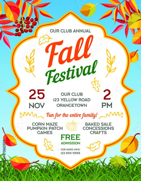 Fototapeta Fall festival announcing poster template with autumn leaves falling to green grass.