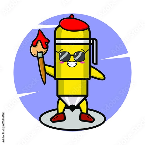 Fototapeta Pen painter cartoon character with hat and a brush to draw   cute style design for t-shirt, sticker, logo element for t-shirt, sticker, logo element