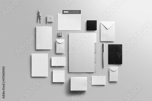 Fototapeta Minimalistic branding stationery mockup template, real photo, letterhead, flyer, poster, business card, envelope identity. Blank isolated on a white background to place your design. 