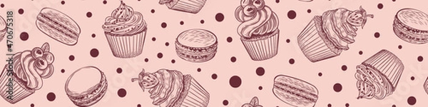 Obraz Seamless pattern with sketchy desserts. Doodle cakes and macaroons horizontal border. Vector illustration.