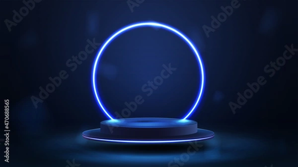 Fototapeta Empty blue podium floating in the air with blue neon ring on background.