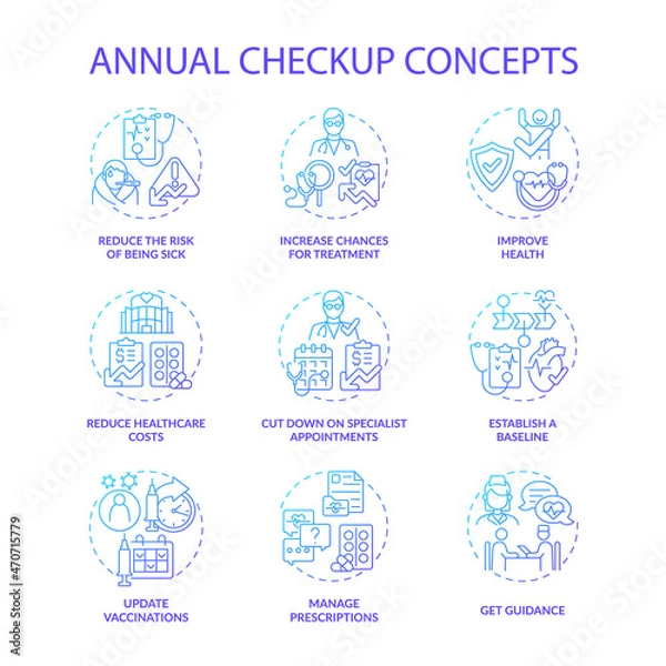 Obraz Annual checkup blue gradient concept icons set. Regular medical examination idea thin line color illustrations. Disease complications prevention. Healthcare. Vector isolated outline drawings