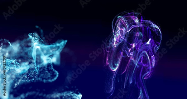 Fototapeta Image of glowing blue and purple particle forms moving on black background