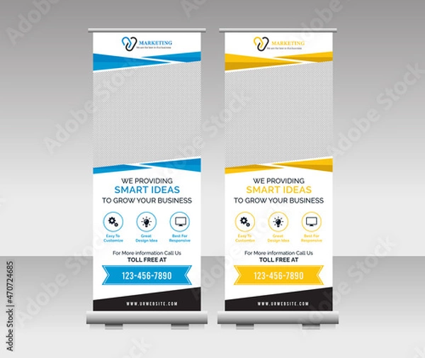 Fototapeta Banner roll-up design, business concept. Graphic template roll-up for exhibitions, banner for seminar, layout for placement of photos. Universal stand for conference, promo banner vector background.