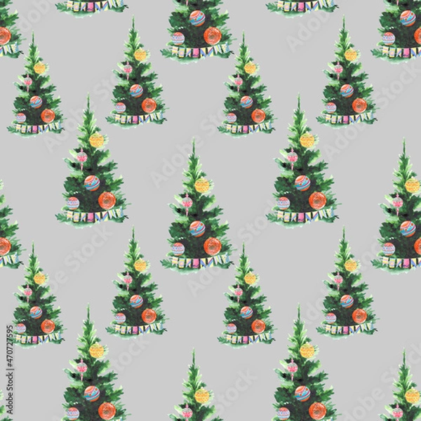 Fototapeta Seamless Christmas pattern with green Christmas trees and colorful festive balloons. Watercolor background of textiles, wallpaper and packaging.