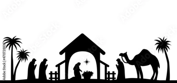 Fototapeta Holy night of birth of child jesus christ silhouette scene from religion christianity nativity scene. Biblical Religious History of Catholics. Cut for scrapbooking and print. Vector illustration.