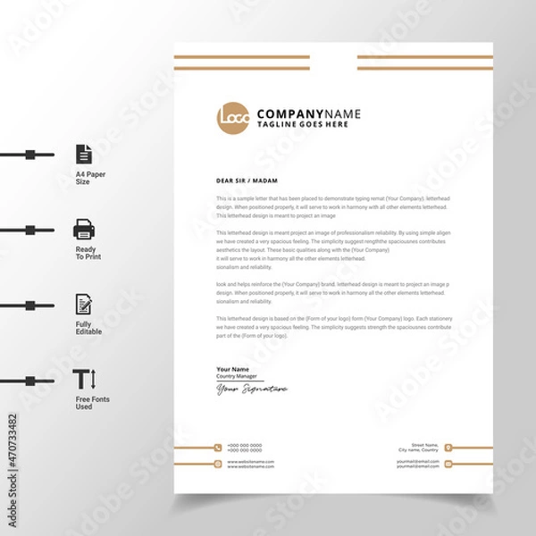 Fototapeta abstract business letterhead template (Gold modern a4 letterhead fully print ready and customizable)