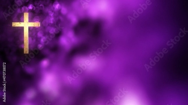 Fototapeta Christian Cross on liturgical purple horizontal copy space background loop. 3D illustration for online worship and social media greetings to represent Advent, Lent season and wealth, power and royalty