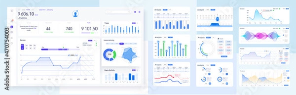 Obraz Modern presentation with infographics, dashboard UI, UX, KIT, great design for any site purposes chart, graph, financial data in a flat style. Clean and simple application interface design. Vector
