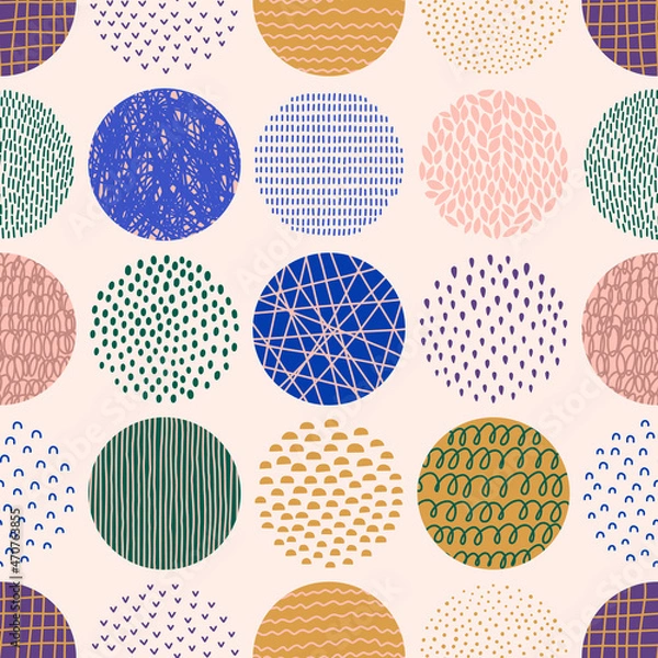 Fototapeta Hand Drawn Circle Shapes Pattern in a Contemporary Style of Dots, Drops, Strokes, Arcs, Ticks, Line. Vector