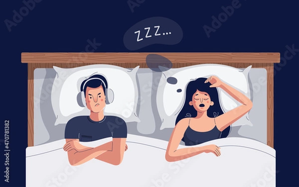 Fototapeta Snoring woman vector illustration. Husband suffers insomnia because of wife snores loudly. Man can't sleep, covers ears from snoring noise. Sleep apnea, breathing disease concept for web.Flat design