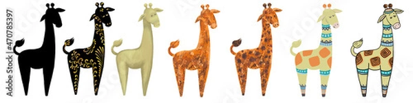 Fototapeta a set of giraffe figurines made of different materials, hand-drawn illustrations isolated on a white background