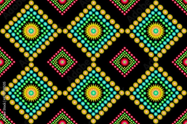 Fototapeta Ethnic fabric pattern, flower pattern, composed into a seamless diamond shape, for curtain design, print, retro tile pattern, carpet, wallpaper, wrap, batik fabric, black background fabric pattern.
