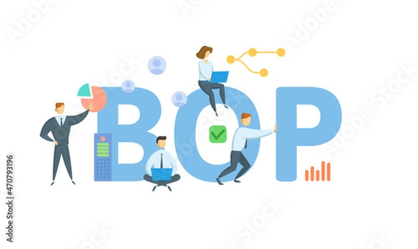 Fototapeta BOP, Balance of Payments. Concept with keyword, people and icons. Flat vector illustration. Isolated on white.