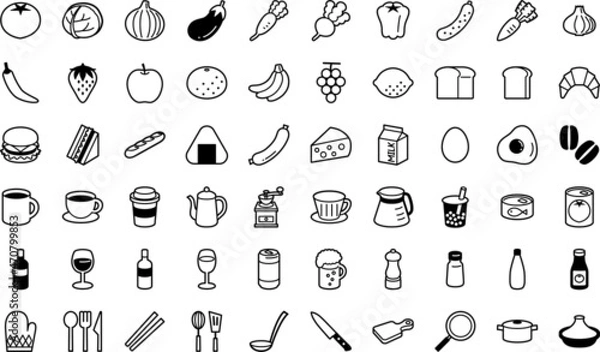 Fototapeta 食べ物とキッチン用品のシンプルなアイコンセット