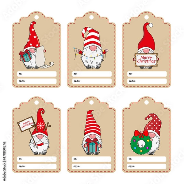 Obraz Set of six labels with Christmas gnomes