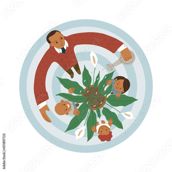 Obraz Psychologist Lev Vygotsky is raising children. A man with Soviet symbols watering flowers and children from a watering can. Isolated flat fully editable vector illustration on white background.