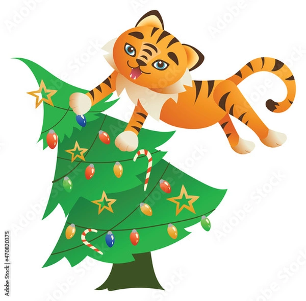 Fototapeta Cute jumping tiger with christmas tree. 2022 mascot. Isolated on a white background. Can be used for t-shirt, greeting card, invitation card or mascot, banners, web, packaging, ads, cards etc. Vector