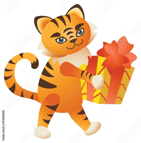 Fototapeta Cute tiger with a gift in its hands. 2022 mascot. Isolated on a white background. Can be used for t-shirt, greeting card, invitation card or mascot, banners, web, packaging, ads, cards etc. Vector.