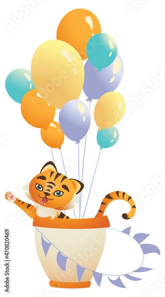 Fototapeta Cute tiger cub, fly on air balloons. 2022 mascot. Isolated on a white background. Can be used for t-shirt, greeting card, invitation card or mascot, banners, web, packaging, ads, cards etc. Vector.