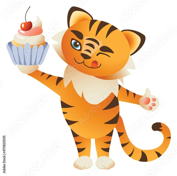 Fototapeta Cute tiger with cake. 2022 New Year mascot. Animal cartoon concept isolated. Can used for t-shirt, greeting card, invitation card or mascot, banners, web, packaging, ads, cards etc. Vector.